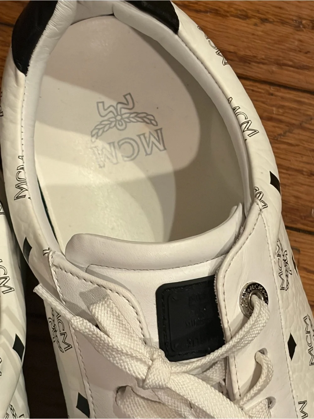 MCM White Low-Top Logo Panel Sneakers with Black Heel Tab
